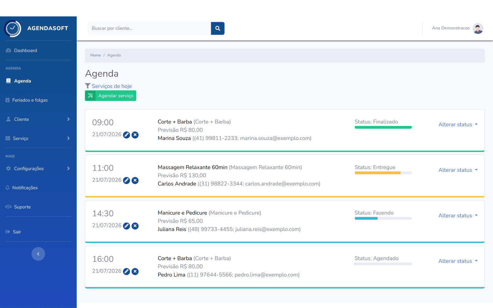 Tela real do Agendasoft mostrando a agenda do dia com horário, cliente, valor previsto e status de cada atendimento