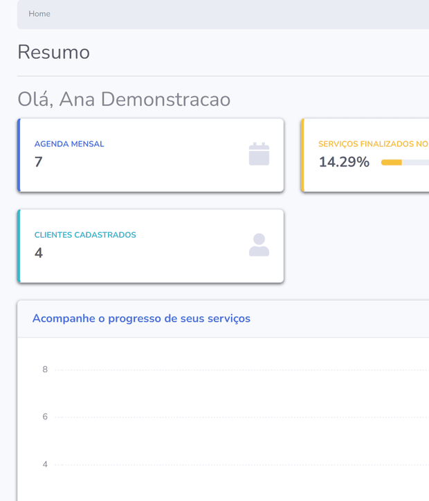 Painel do Agendasoft com o resumo de agendamentos do mês e clientes cadastrados